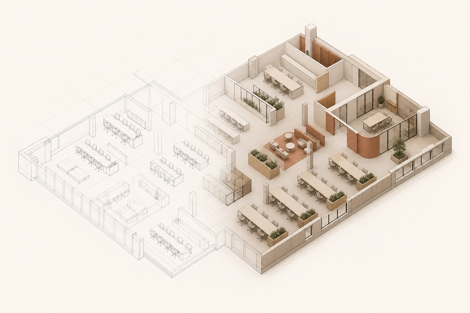 Isometric illustration of an office floor plan progressing from design drawing to built interior — the SUA design and build process
